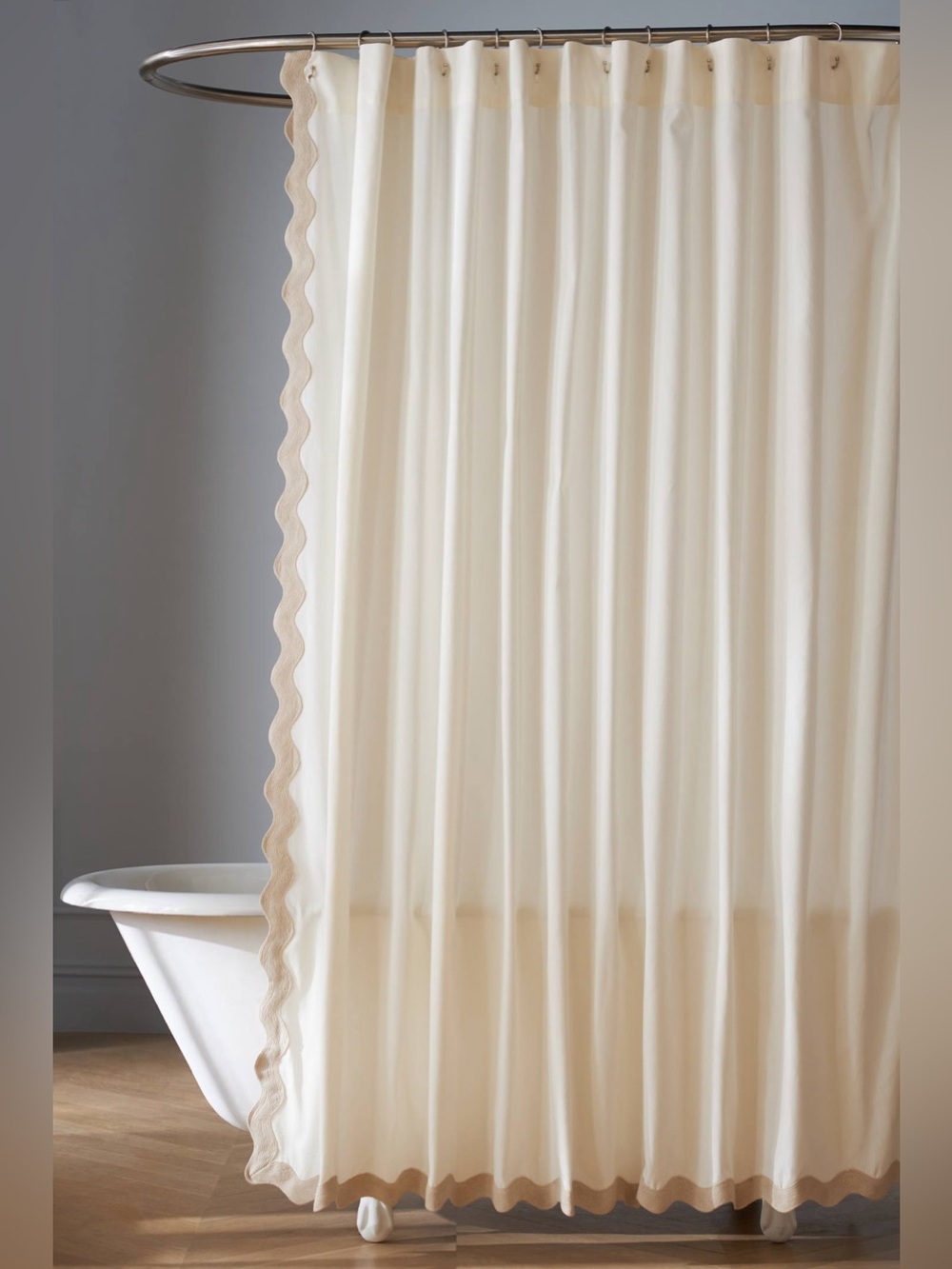 Anthropologie Embroidered Scalloped Trim Cotton Shower Curtain Taupe White